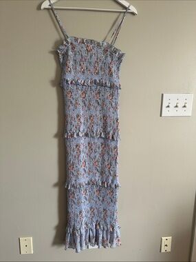 Light Blue Floral Smocked Midi Dress with Ruffle Tiers